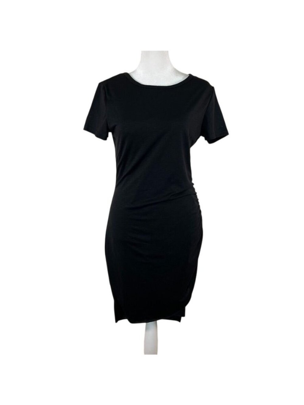 BTFBM Black Ruched Bodycon Jersey T-Shirt Midi Dress Asymmetrical Hem Sz Small - Picture 4 of 15